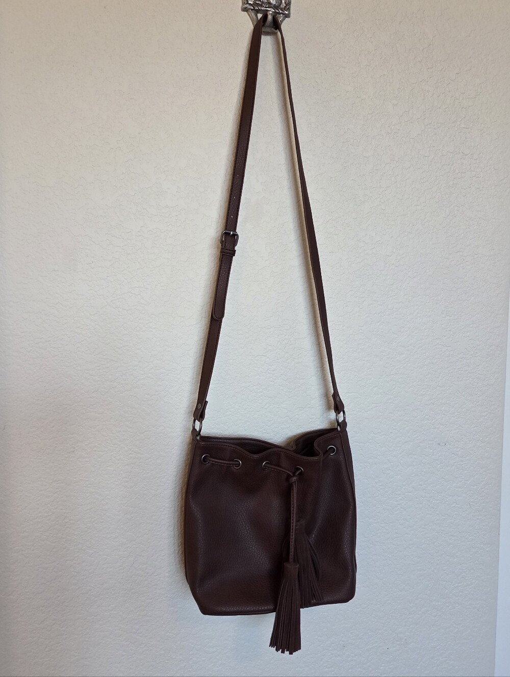 Classic Brown Leather Bucket Bag with Tassel